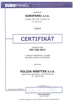 Certifikát Polida Nábytek s.r.o.